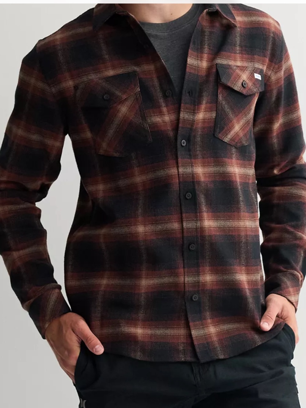Hurley Men's Black & Brown Plaid Flannel Long-Sleeve Button-Down Shirt